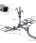 Dope 2-Bike Hitch Rack For Car With Quick Release Handle, showing dimensions and folding mechanism, fits 2-inch receiver.