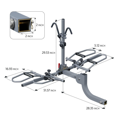 Dope 2-Bike Hitch Rack For Car With Quick Release Handle, showing dimensions and folding mechanism, fits 2-inch receiver.