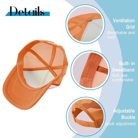 Breathable Men's Trucker Hat For Running And Everyday Wear with no sweat band, moisture wicking tech, adjustable orange cap details