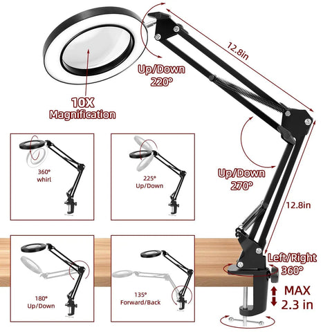 Desk Lamp With Built In 10X Magnifying Glass, 72 LED Lights, 1200 Lumens, Three Color Modes, Stepless Dimmer arm and rotation angles