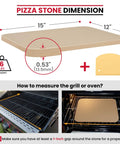 Diagram of 15 by 12 inch cordierite pizza stone with scraper, showing dimensions and installation for oven and grill use.