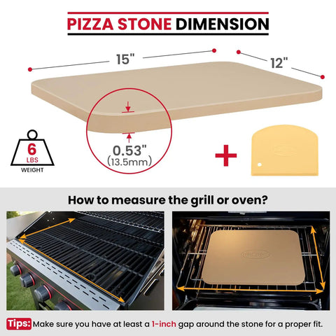 Diagram of 15 by 12 inch cordierite pizza stone with scraper, showing dimensions and installation for oven and grill use.