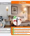 Comparison image of Zero Plug Drama Wireless Wall Sconce Set Of Two; shows easy peel and stick setup vs hardwired options.