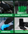 Black heavy-duty nitrile disposable gloves, 8 mil, latex- and powder-free, Large; four-panel collage for automotive, paint, chemical handling, and touchscreen use.