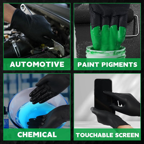 Black heavy-duty nitrile disposable gloves, 8 mil, latex- and powder-free, Large; four-panel collage for automotive, paint, chemical handling, and touchscreen use.