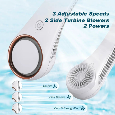 Close-up of Portable Neck Cooling Fan With Three Speeds Bladeless Hands Free Wearable Design USB Rechargeable 4000mAh Battery
