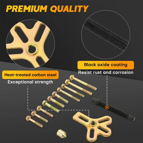 13 Piece Harmonic Balancer Steering Wheel Puller Kit with bolts, yoke, and black oxide screw shown in detail