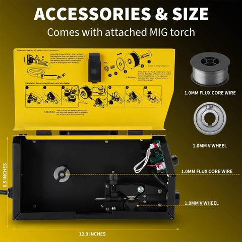 Versatile 140 Amp Mig Welder 2 In 1 Stick And Flux Core Arc Welder with accessories and MIG torch instructions on yellow panel