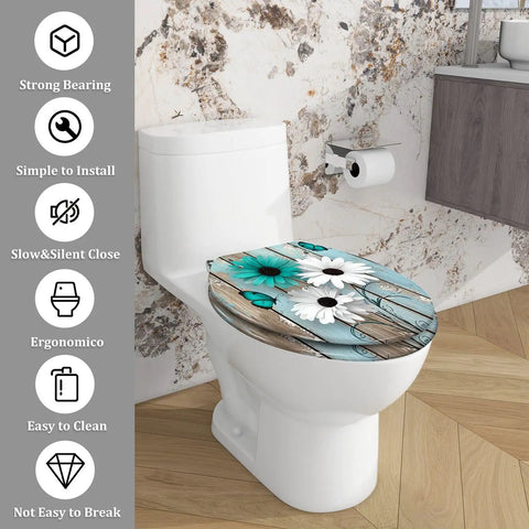 Toilet Seat Elongated Quiet-Close for Farmhouse Use with floral design, installed on white toilet in modern bathroom.