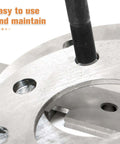 Close-up of Hydraulic Punch Kit With Cylinder And Manual Conduit Cutter For Electrical Knockouts showing metal punch tool in action