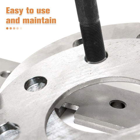 Close-up of hydraulic hole punch draw rod with lock cap for hole punch driver kit, positioned in metal sheet.