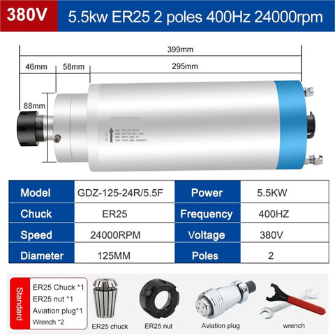 Heavy Duty CNC Milling Machine 5.5kw 380v Water Cooled Spindle with ER25 specifications and accessories details.