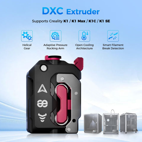 DXC Extruder Upgrade Kit For K1 Series With Smart Filament Break Detection, dual gear, shown with printer models in background.