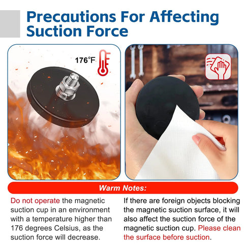 4-pack rubber-coated neodymium magnets with M6 bolt; two-panel diagram shows 176°F heat warning and cleaning with cloth.