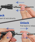 Non Slip Bit Holder Key Chain Set Six Pack For One Quarter Inch Hex Shank Bits Compatible With Drill And Impact Driver Quick Change And Easy Access Black in use for locking and unlocking mechanism demonstration.