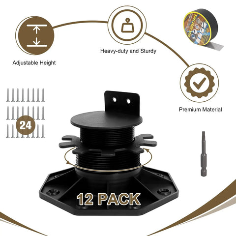 Adjustable Deck Support Pedestal Kit With Leveling Blocks And Screws, Height Ranges From One And One Sixteenth To Two And Three Eighths Inches, Weatherproof Plastic Deck Base, Includes 24 Screws, Tape And Screwdriver For Quick Joists And Flooring.
