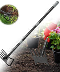 2-In-1 Garden Hoe With 60 Inch Adjustable Handle for Easy Weeding and Tilling in flower beds, showing sharp blade and rake side