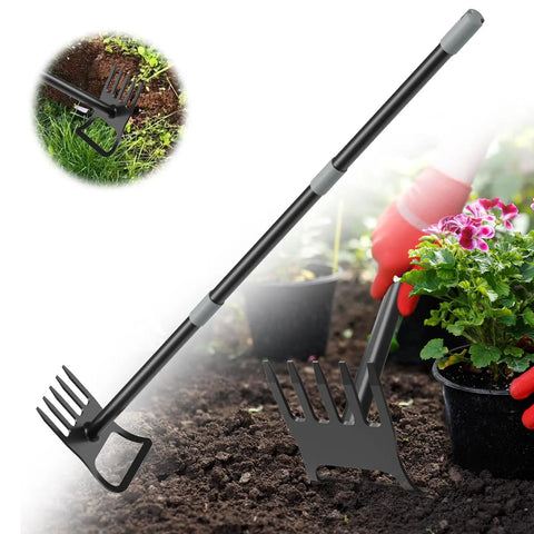 2-In-1 Garden Hoe With 60 Inch Adjustable Handle for Easy Weeding and Tilling in flower beds, showing sharp blade and rake side