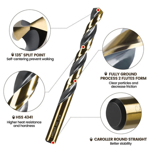 CaRoller 29-piece drill bit set in black-gold finish with 135° split point and HSS 4341 in an indexed storage case.