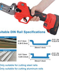 Hand holding Electric Din Rail Cutter With Double Groove And Rechargeable Battery, cutting 35mm wide aluminum and steel DIN rails