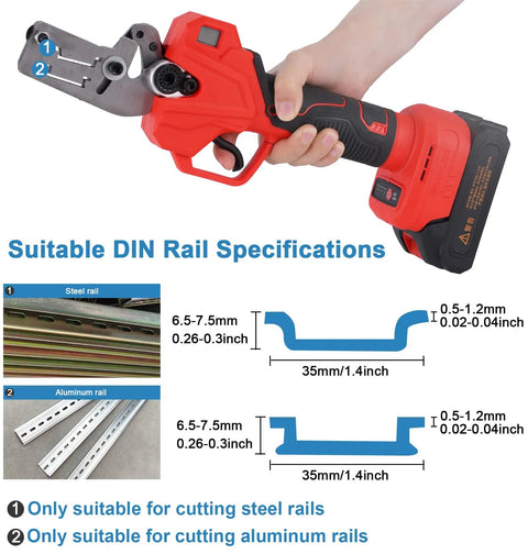 Hand holding Electric Din Rail Cutter With Double Groove And Rechargeable Battery, cutting 35mm wide aluminum and steel DIN rails