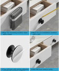 Hella Durable Self Adhesive Cabinet Knobs Top Shelf Hardware Super Sleek Black Finish For Kitchen Drawers And Cupboards installation steps including pre-marking, peeling, and mounting.