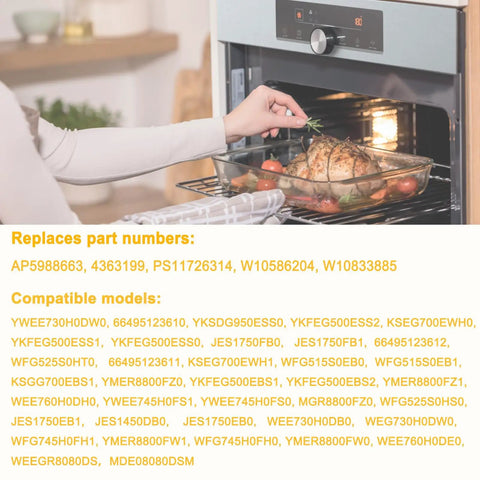 Person placing roast in oven with Range Oven Temperature Sensor Replacement W10833885 W10586204 visible on door panel.