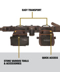 Leather Tool Belt Organizer With 18 Pockets For Pros, Heavy Duty Construction, Durable Pouch System, shown with easy transport feature.