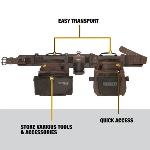 Leather Tool Belt Organizer With 18 Pockets For Pros, Heavy Duty Construction, Durable Pouch System, shown with easy transport feature.