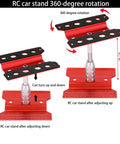 Beefy RC Car Repair Stand with 360-degree rotation for 1/8 to 1/16 scale RCs, showcasing red aluminum construction and adjustments.