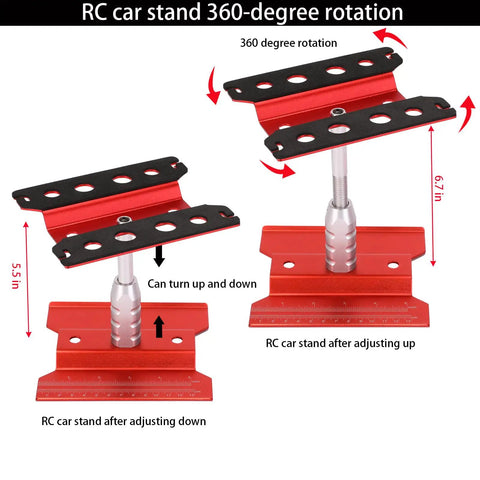 Beefy RC Car Repair Stand with 360-degree rotation for 1/8 to 1/16 scale RCs, showcasing red aluminum construction and adjustments.