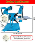 Heavy Duty Electric Belt Sander And Bench Sander With Sanding Belts For Serious Wood And Metal Jobs Kicks Ass With 1100W Grinding And Polishing Machine Using Brushless Motor For Sweet Smoothing, blue and silver with motor, specifications visible.