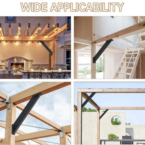 Rock Solid 4 Pack Inside Mount 45 Degree Angle Bracket Corner Brace Heavy Duty Steel Joint Reinforcer For Outdoor Pergola Deck Wood DIY Projects Dead Simple Assembly Matte Black Finish in various applications.