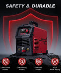 60Amp Non HF Plasma Cutter Dual Voltage 110V 220V with LED display showing safety features in rugged casing.