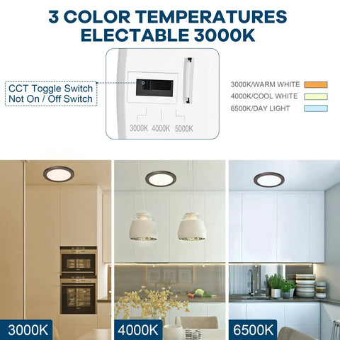 Motion Sensor LED Ceiling Light With Adjustable 30s 180s Timeout, 1500 Lumens, 15W, Round Bronze Fixture, Three Color Temperatures selector