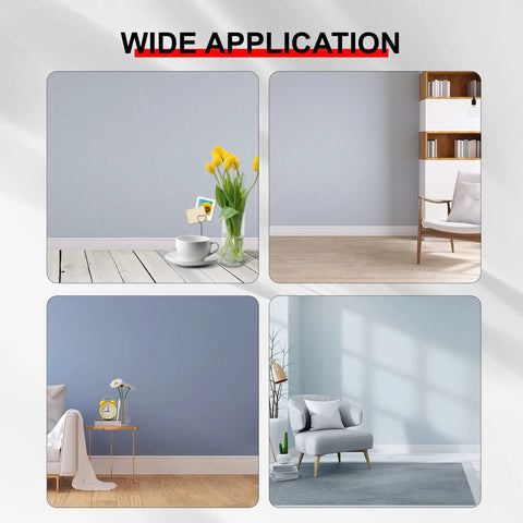 Four rooms with Peel And Stick Vinyl Baseboard Molding Trim For Walls, Self Adhesive Wall Base Cove Trim, showing trim against surfaces.