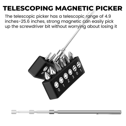 63 Piece Magnetic Ratcheting Screwdriver Bit Set With Multibit Driver featuring telescopic magnetic picker.