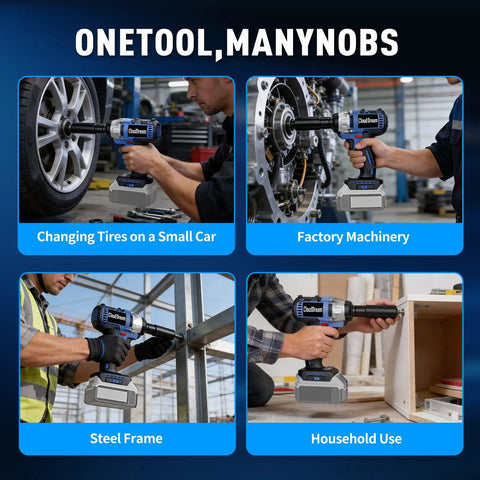 No Sweat Brushless Cordless Impact Wrench With Versatile Half Inch Dual Drive And One Quarter Hex Chuck Yielding 500Nm using for tire changes on a small car.