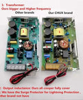 Comparison of two 120W 24V Universal AC UPS circuit boards showing components such as transformers and inductors, highlighting differences.