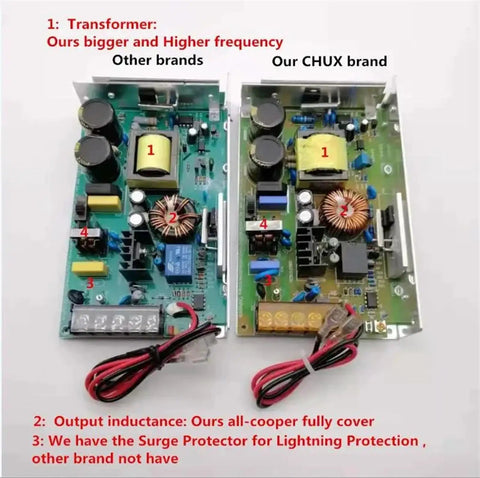 Comparison of two 120W 24V Universal AC UPS circuit boards showing components such as transformers and inductors, highlighting differences.