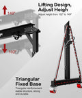 Beefy 3 Ton Gantry Crane With Adjustable 8.53 To 12.47 Ft Height 6600 Lbs Capacity Manual Trolley Hook And Shackles Ideal For Warehouse Shop Auto Repair And Construction Sites. Front view with adjustable height and triangular base.