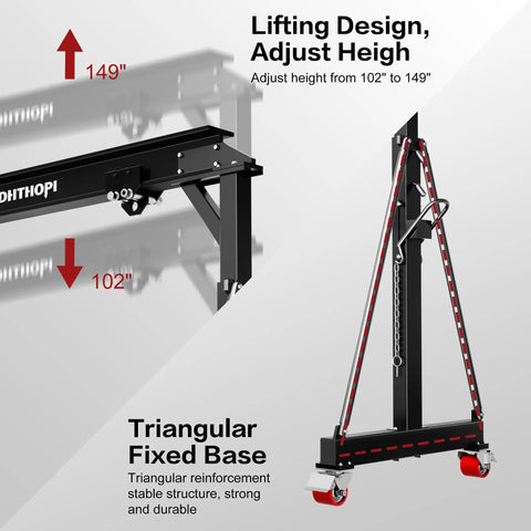 Beefy 3 Ton Gantry Crane 6600 Lb Portable Shop Hoist adjustable height from 102" to 149" and triangular fixed base for stability.
