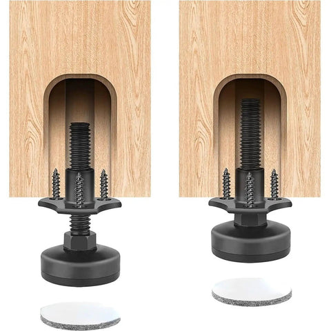 Beefed Up Heavy Duty Adjustable Leveling Feet Kit 12 pcs table leg levelers under wooden furniture frame with screws visible