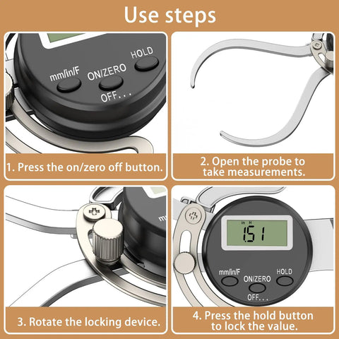 Digital Outside Caliper Gauge 0 To 6 Inches With Metric, Fractional, And Decimal Readings demonstrating use steps.