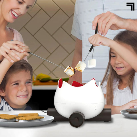 Family using Flameless Electric Marshmallow S'mores Maker With Four Forks, Indoor Safe Roaster For Kids, No Flames
