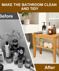 Before and after photo showing bathroom storage with 19 Inch Bamboo Shower Bench With Storage Shelf, organized spa vibe.