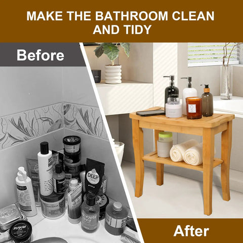 Before and after photo showing bathroom storage with 19 Inch Bamboo Shower Bench With Storage Shelf, organized spa vibe.