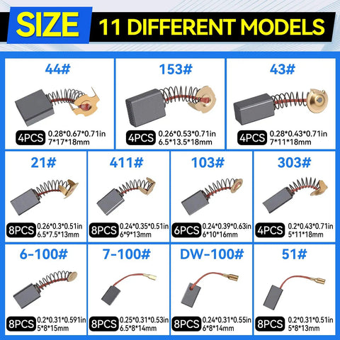 70 Piece Electric Motor Carbon Brush Set with 11 Assorted Sizes for Power Tools and Vacuum Motors, product specifications shown.
