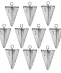 Pyramid Sinkers Fishing Weights Kit for Saltwater Surf Fishing Lead Sinkers Set in 1oz visible, arranged in rows, silver tone