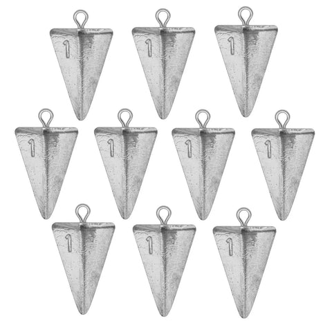 Pyramid Sinkers Fishing Weights Kit for Saltwater Surf Fishing Lead Sinkers Set in 1oz visible, arranged in rows, silver tone